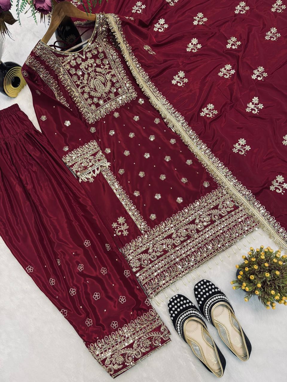 Deep Crimson Pearl-Trimmed Suit